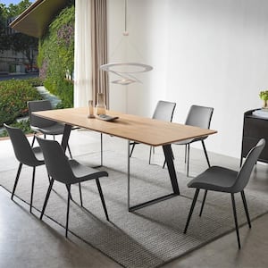7-Piece Set of Gray Chairs and  Oak Rectangular Retractable Dining Table with Carbon Steel Legs and 6 Modern Chairs