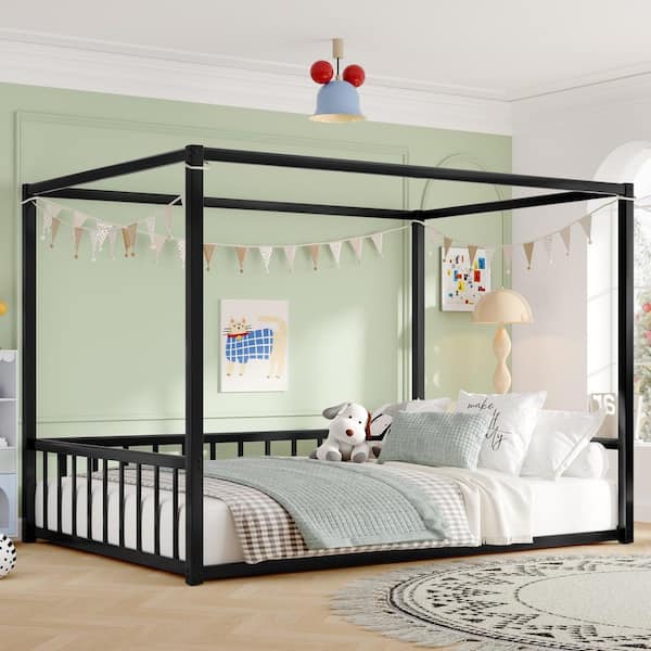 Black Full Size Iron Double-Size Sunshade Floor Bed Frame