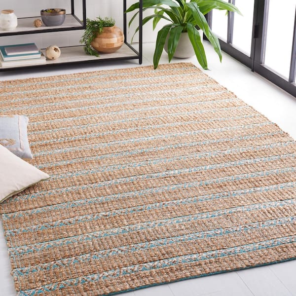 Natural Fiber Teal/Beige 9 ft. x 12 ft. Striped Woven Area Rug