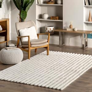 Kai Stripe Faux Rabbit Machine Washable White 4 ft. x 6 ft. Area Rug