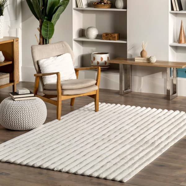 Kai Stripe Faux Rabbit Machine Washable White 4 ft. x 6 ft. Area Rug