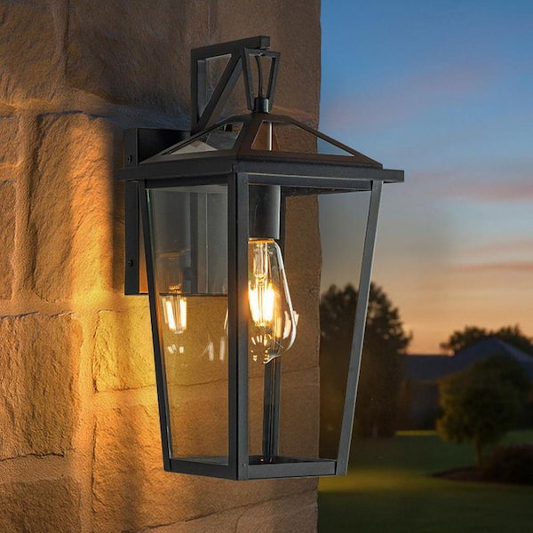 H1 in. 1 Light Modern Matte Black Outdoor Wall Lantern with Clear Tempered Glass Open Bottom Design Exterior Light