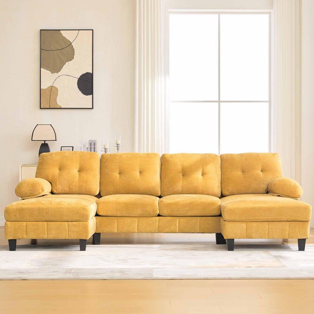103.5 in. Round Arm Chenille Sectional Sofa with Dual Chaise Lounges, Storage Pockets and Armrest Pillows in. Yellow