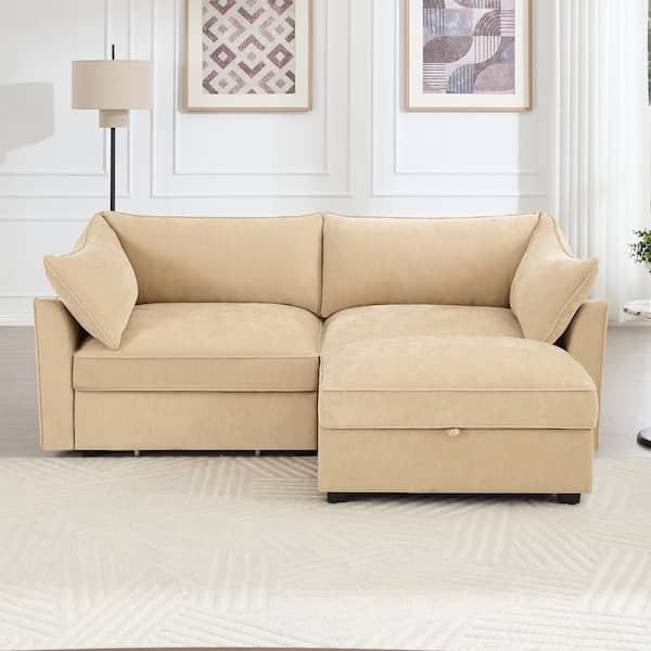 78.7 in. Wide Straight Arm Chenille L-Shaped Reclining Sofa with Pull-out Storage Drawers and Footstool in Wheat