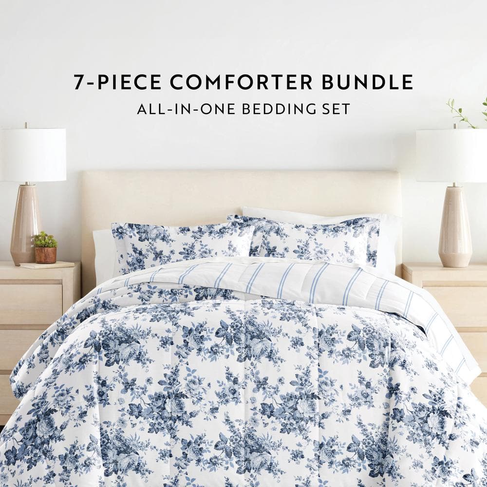 Twin XL White and Blue Floral Microfiber Bedding Set