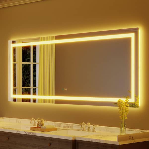 96 in. W x 36 in. H Rectangular Frameless Anti-Fog LED Light Wall Bathroom Vanity Mirror with Backlit and Front Light