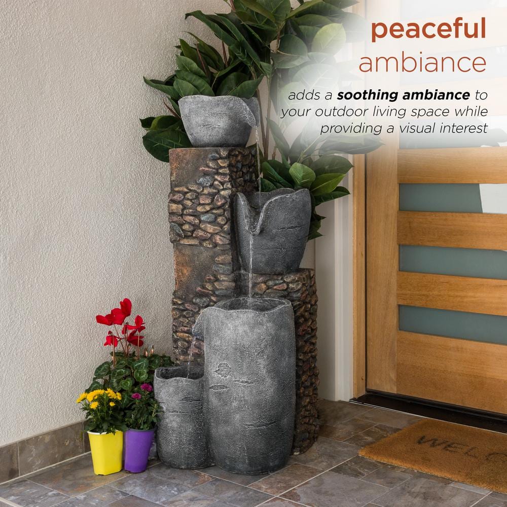 42" Gray Polyresin 4-Tier Outdoor Fountain with LED Lights