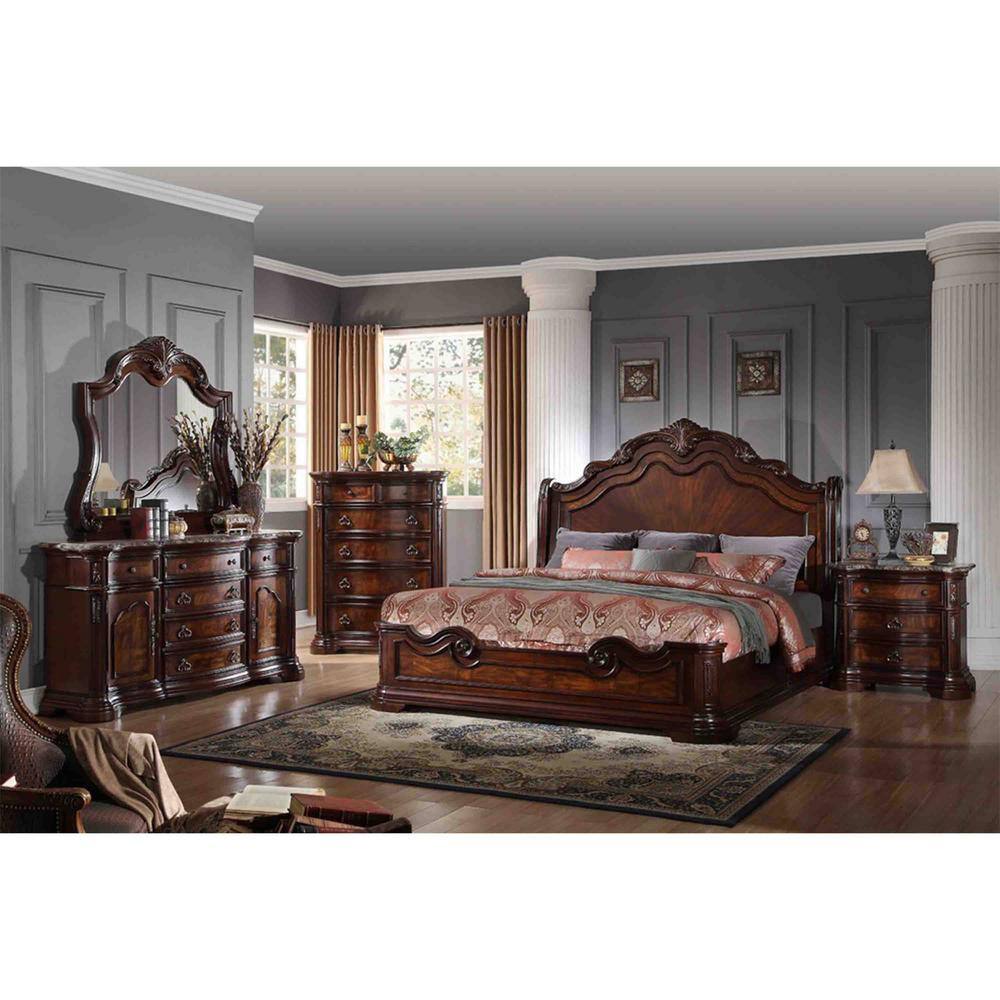 Elegant Walnut Queen Bed with Velvet Headboard and Wood Frame
