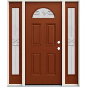 60 in. x 80 in. Left-Hand Fan Lite Decorative Glass Caldwell Mesa Red Fiberglass Prehung Front Door W/Sidelites