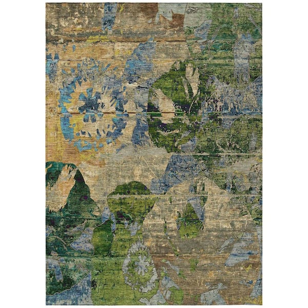 Taupe Blue and Green 8 ft. x 10 ft. Woven Floral Rectangle Indoor/Outdoor Area Rug