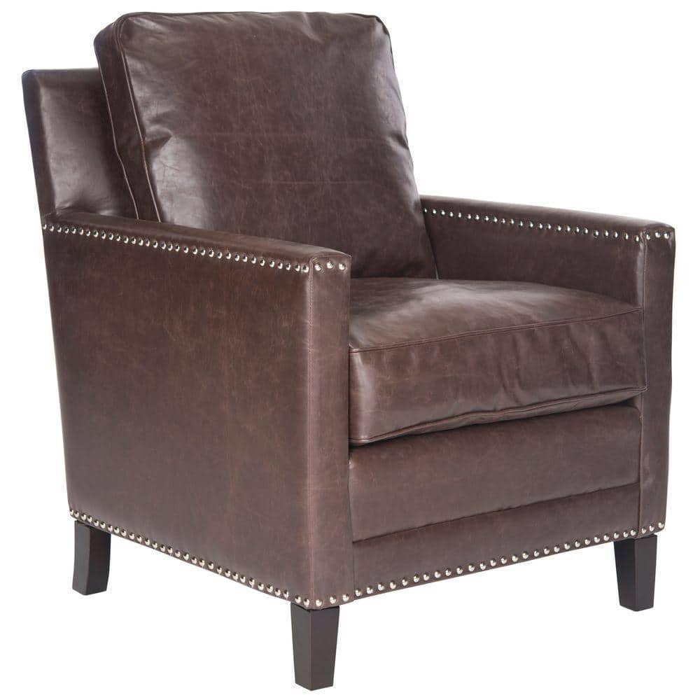 Espresso Birch Wood & Antique Brown Faux Leather Arm Chair