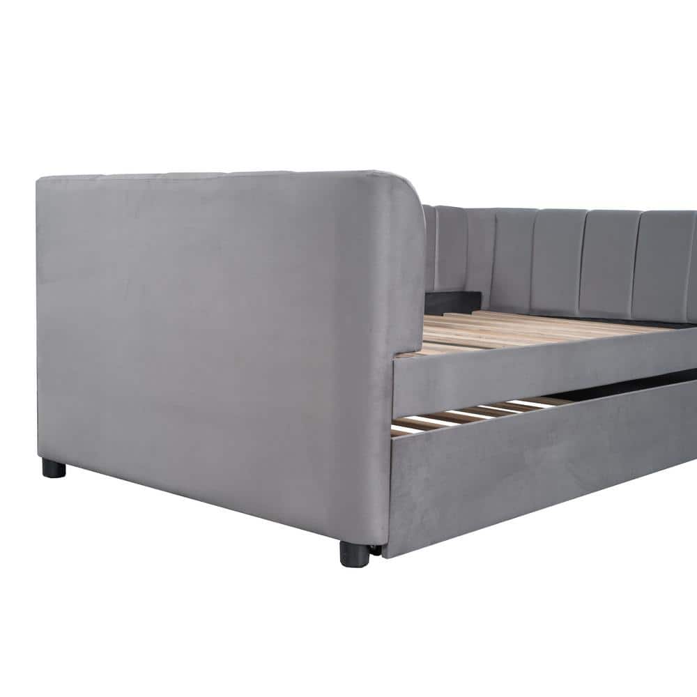 Gray Velvet Upholstered Twin Daybed with Trundle and Wood Frame