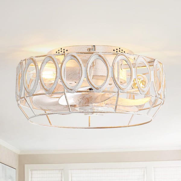 Breezary Sampson 12.5 in. Indoor White/Gold Flush Mount Caged Ceiling Fan with Light Kit and Remote Control Included