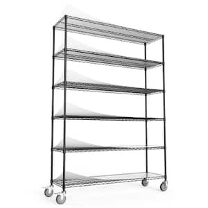 60 in. 6 Tier Metal Wire Garage Storage Shelving Unit Height Adjustable with Wheels in Black