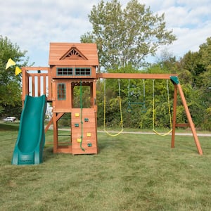 DIY Sky Tower Terrace Complete Wooden Outdoor Playset with 5 ft. Terrace, Slide and Backyard Swing Set Accessories