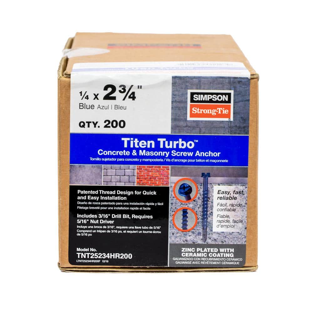 Simpson Strong-Tie 1/4 in. x 2-3/4 in. Hex Head Titen Turbo Concrete Screws  (200-Pack) TNT25234HR200 - The Home Depot