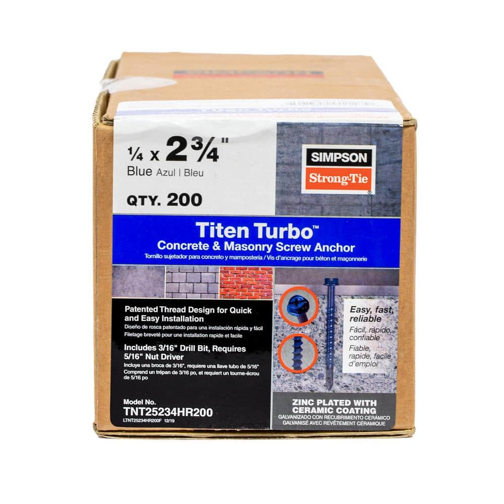 Simpson Strong-Tie TNT25314TF Flat Head 6-Lobe Titen Turbo Concrete &  Masonry Screws 100/Bx 1/4 x 3-1/4