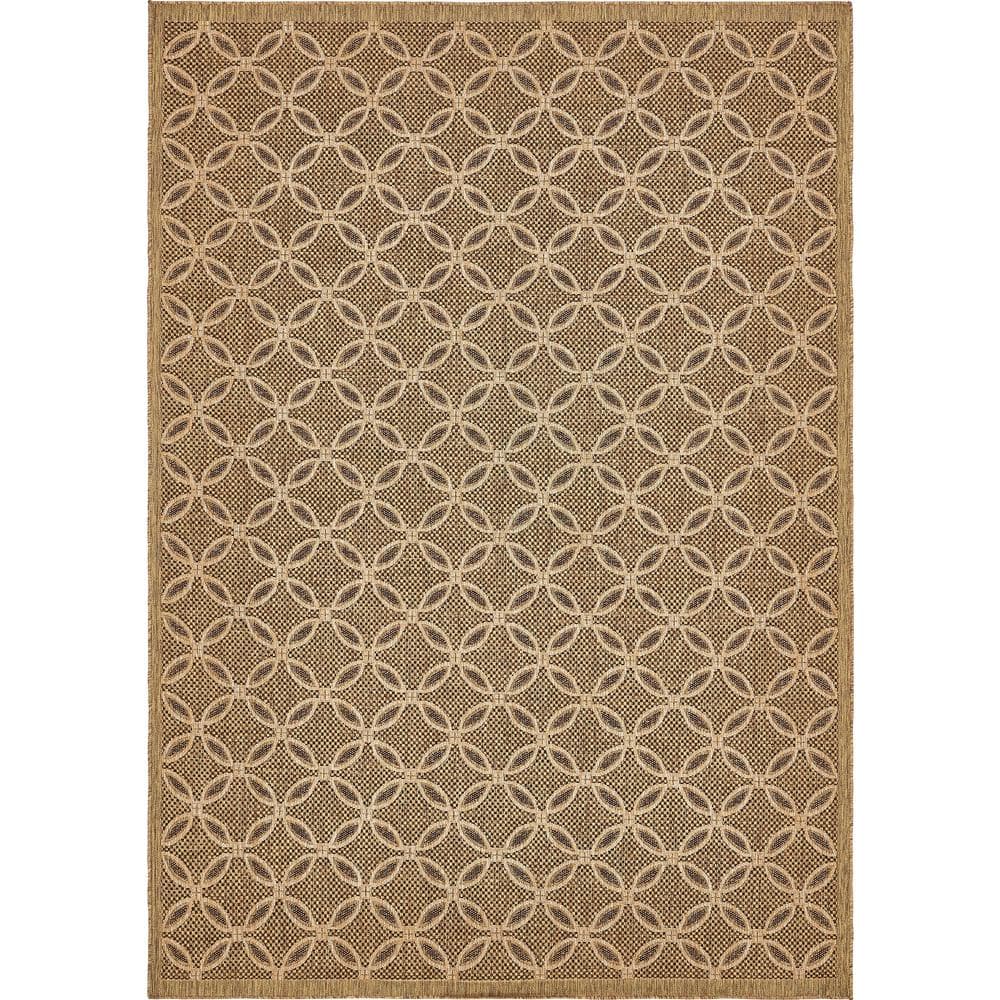 Ivory and Brown Synthetic Flat Woven Reversible Outdoor Rug