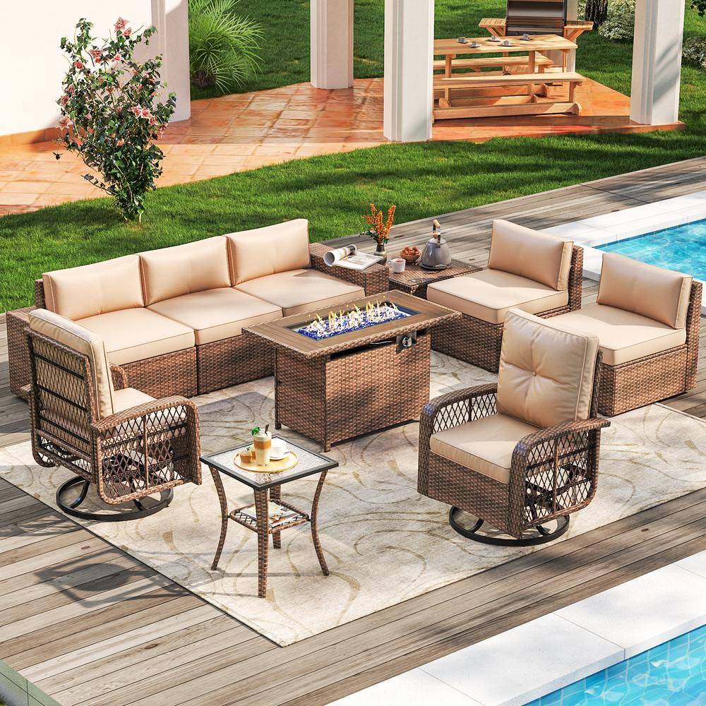 Sizzim 10-Piece Outdoor Fire Pit Patio Set, Sectional Set with Swivel ...