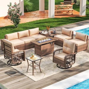 10-Piece Outdoor Fire Pit Patio Set, Sectional Set with Swivel Rocking Chairs, Coffee Table, Beige Cushions, Set Covers