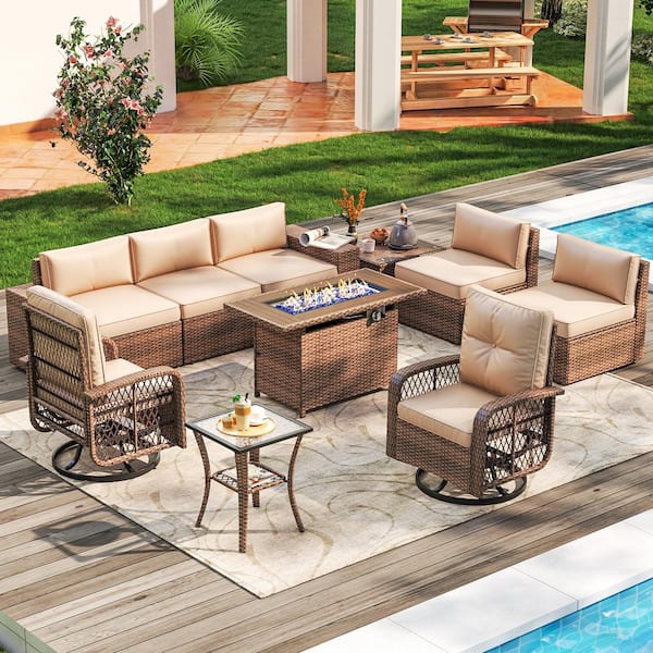 Sizzim 10-Piece Outdoor Fire Pit Patio Set, Sectional Set with Swivel Rocking Chairs, Coffee Table, Beige Cushions, Set Covers