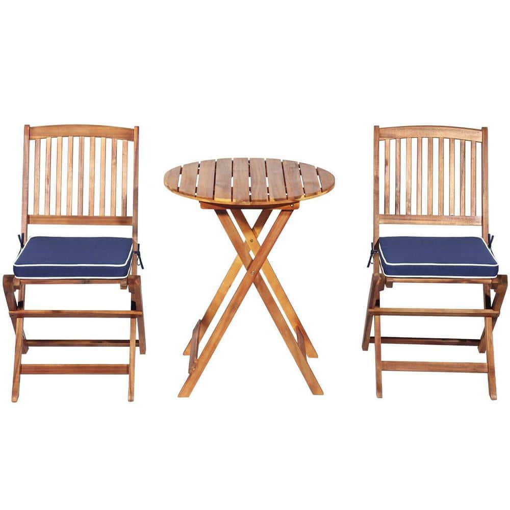 3-Piece Folding Acacia Wood Patio Bistro Set with Navy Cushions