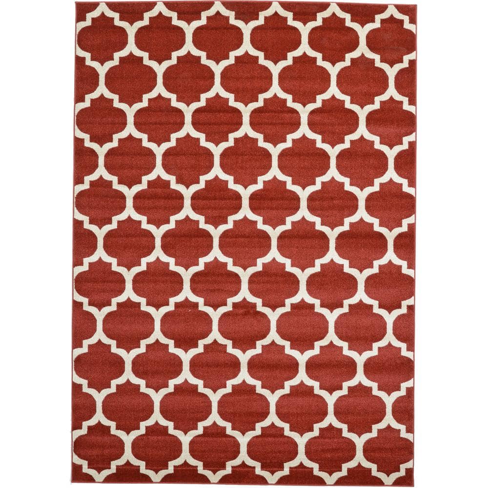 Red and Beige Trellis Synthetic Rectangular Area Rug