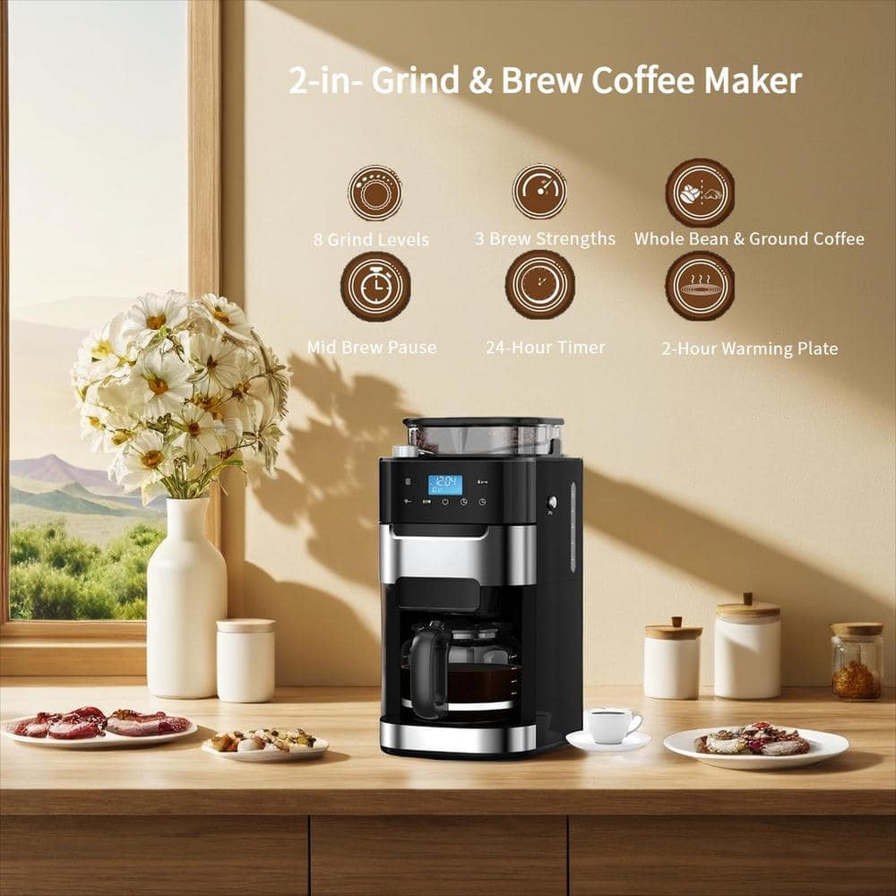 10-Cup Black Stainless Steel Drip Coffee Maker with Built-In Grinder