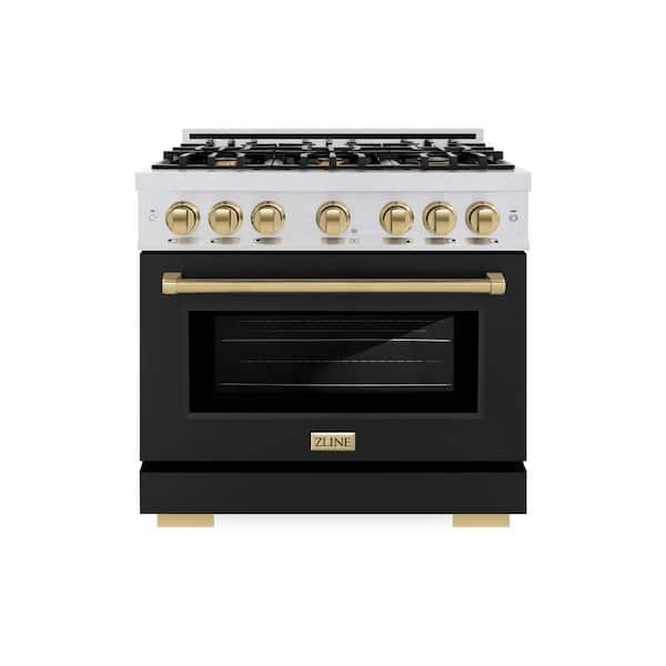 Autograph 36 in. Select Gas Range with 6 Burners and Convection Gas Oven in Satin Steel with Black and Bronze Accents