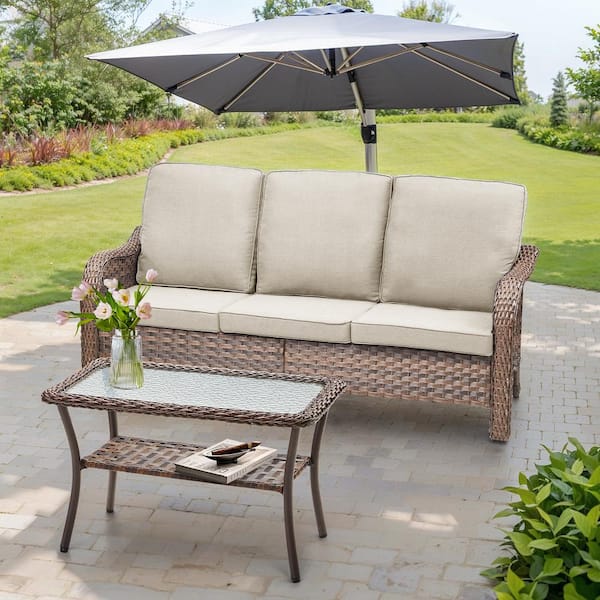 Buenaola Brown 2-Piece Wicker Outdoor Patio Sofa Couch with Beige Cushions, Coffee Table