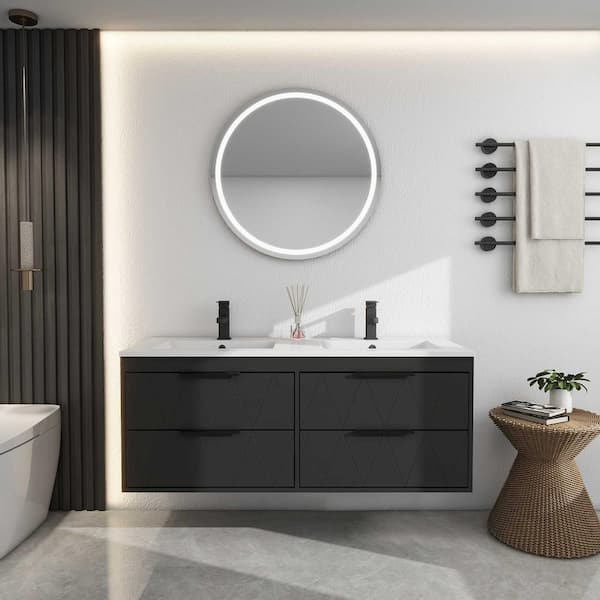 48 in. W x 18.1 in. D x 18.1 in. H 2-Sink Bath Vanity in Black with White Resin Top and Drain Faucet Set