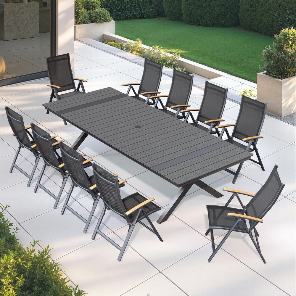 Black 11-Piece 118 in.Aluminum Wood-Like Rectangular Patio Outdoor Dining Set with Folding Recline Chairs, Umbrella Hole