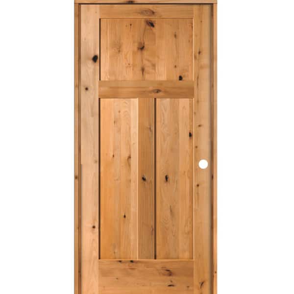 Krosswood Doors 36 in. x 80 in. Craftsman Knotty Alder 3-Panel Left-Handed Clear Stain Solid Wood Single Prehung Interior Door