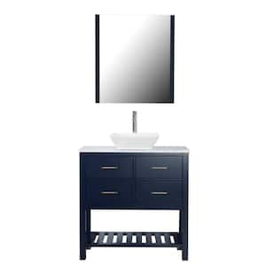 Santa Monica 36 in. W x 18 in. D Bath Vanity in Navy with Marble Vanity Top in White with White Basin and Mirror