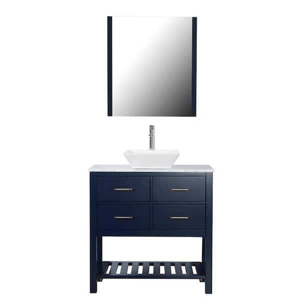 Unbranded Santa Monica 36 in. W x 18 in. D Bath Vanity in Navy with Marble Vanity Top in White with White Basin and Mirror