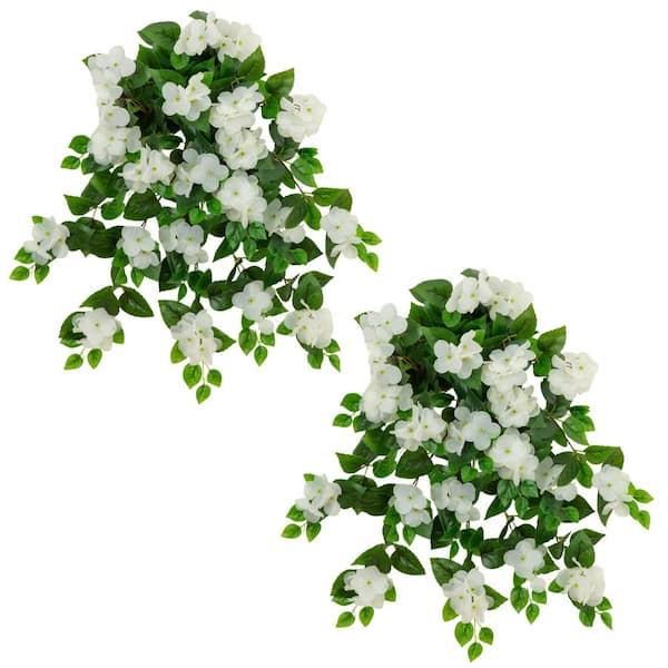 24 in. White UV Resistant Artificial Hydrangea Hanging Plant (Indoor/Outdoor)-Set of 2