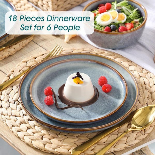vancasso 18-Piece Bluish Grey Stoneware Dinnerware Set (Service for 6) Dining Set with Dinner Plates Dessert Plates Cereal Bowls