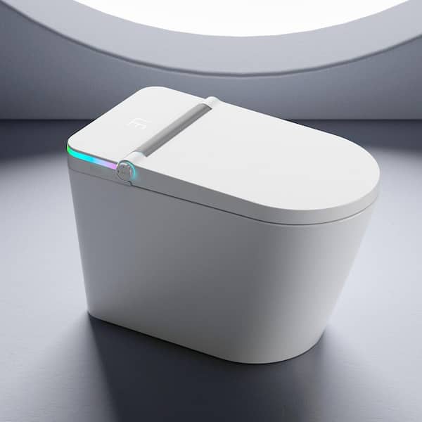 CATALINA Auto Open Close Seat 1.28 GPF Elongated Smart Bidet Toilet in Glossy White with Foot Sensor Adjustable Sprayer Settings