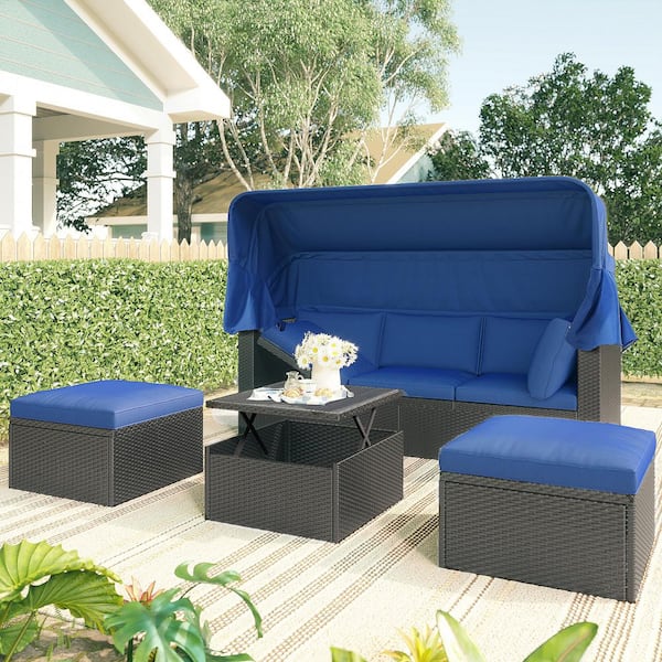 U_Style Wicker Outdoor Rectangle Daybed, Patio Sectional Set with Retractable Canopy, Washable Blue Cushions