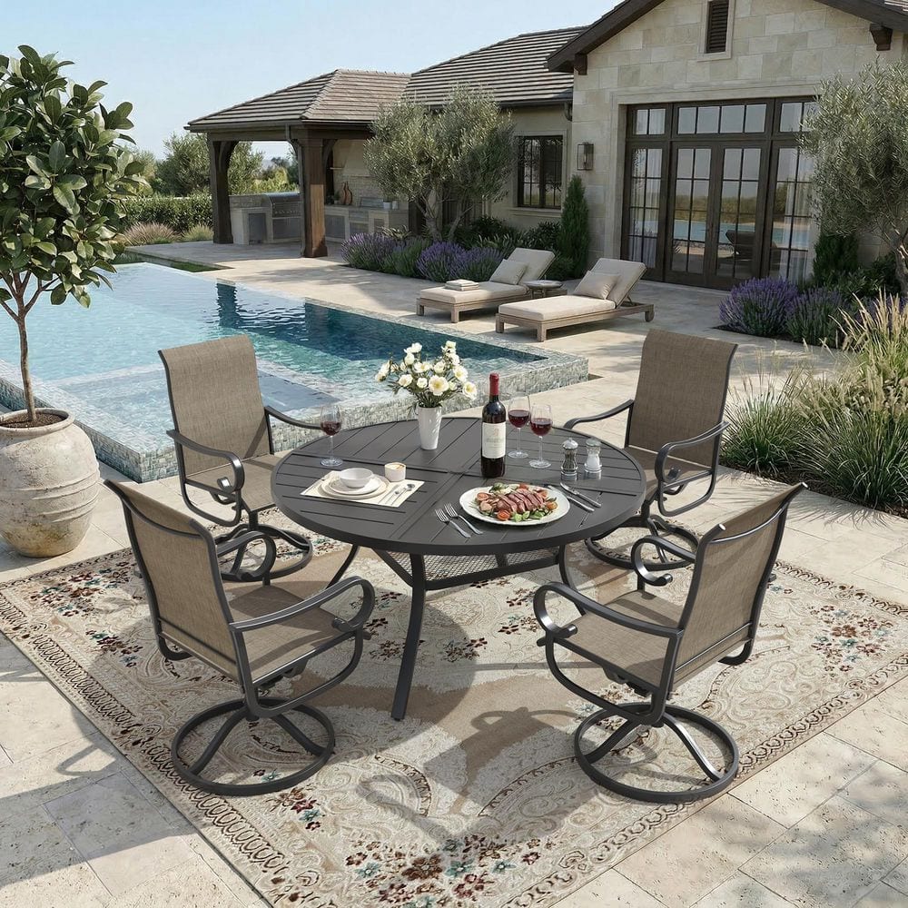 5-Piece Metal Outdoor Dining Set with 47.2 in. Black Slat Round Table and 4 Brown Patio Textilene Swivel Rocking Chairs price history on PriceWatchPro