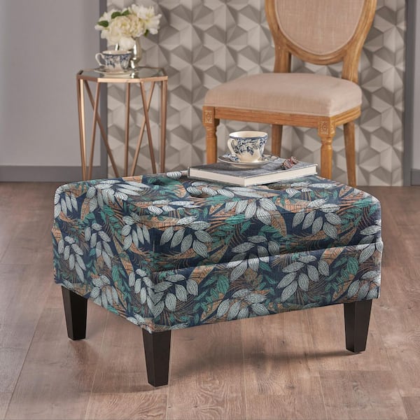 Zahra Autumn Floral Tufted Fabric Upholstered Accent Ottoman with Solid Wood Legs