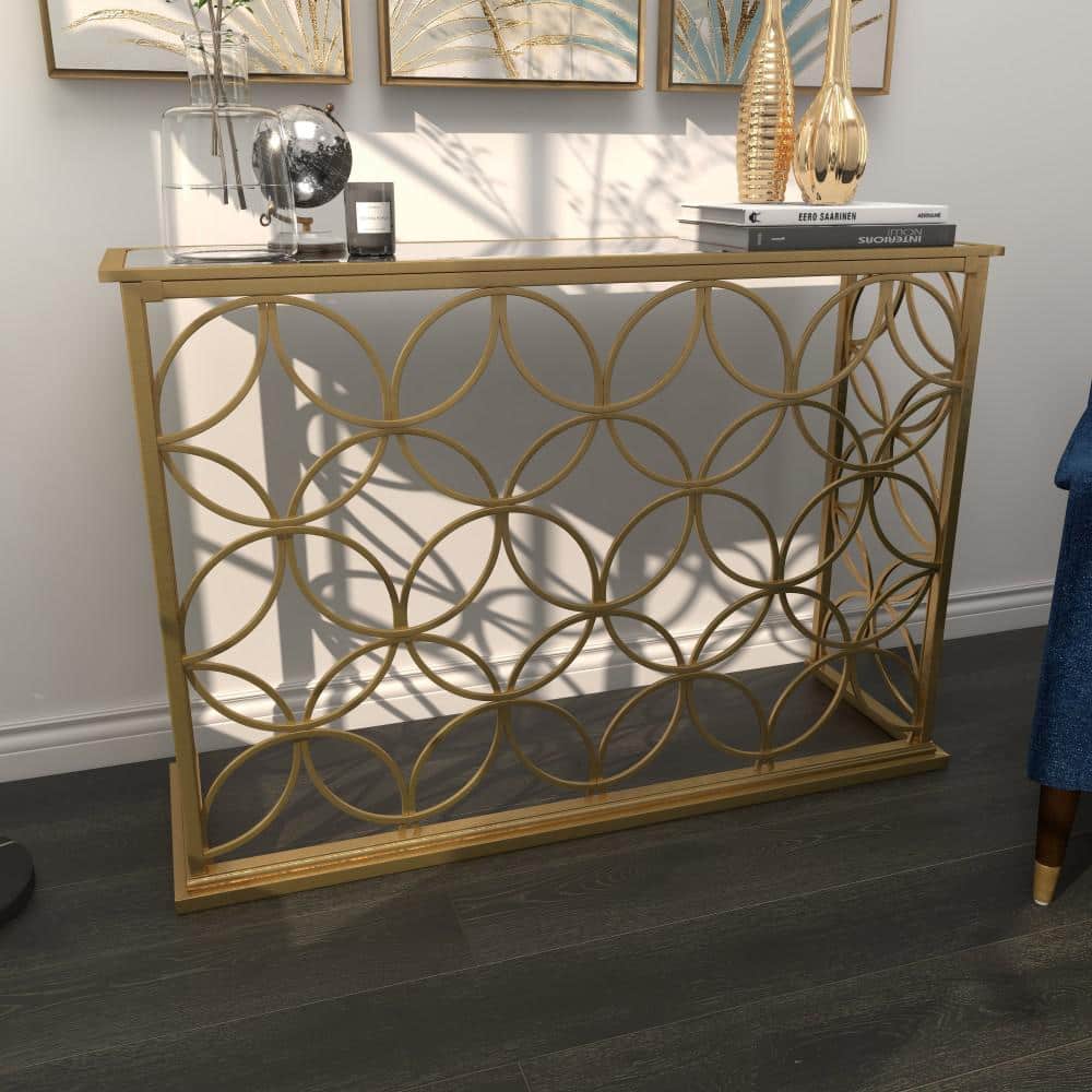 Elegant Gold Metal & Mirrored Glass Console Table, 47" x 32"