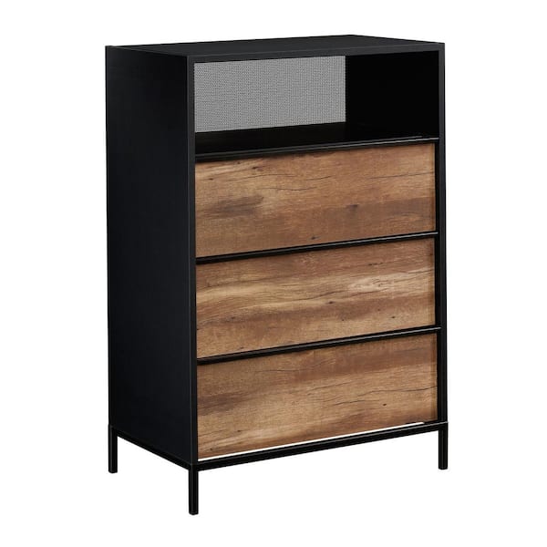 SAUDER Boulevard Cafe 3-Drawer Black with Vintage Oak accents Chest of Drawers 42 in.H x 29 in.W x 17 in.D
