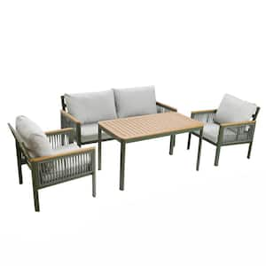 4-Piece Outdoor Aluminum with Wood-Style Plastic Patio Conversation Set with Cushions