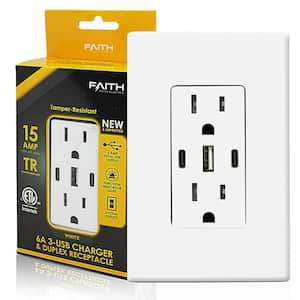 USB Receptacle Outlet White, 15A 30W with 2 Type C, 1 Type A USB Charger and Screwless Wallplate