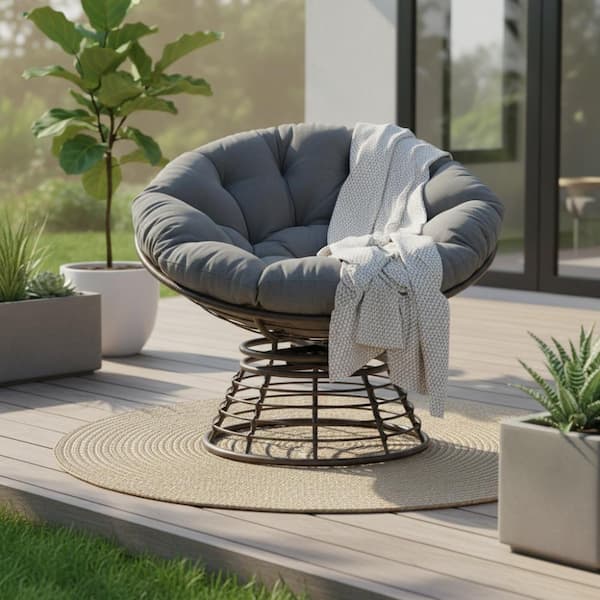 JPJPUU Outdoor Rattan 360° Swivel Chair with Soft Gray Thick