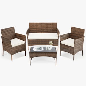 Brown 4-Piece Outdoor Sofa Set Patio Rattan Wicker Conversation Set with Coffee Table