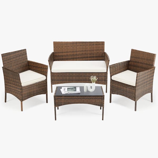 FIRNEWST Brown 4-Piece Outdoor Sofa Set Patio Rattan Wicker Conversation Set with Coffee Table