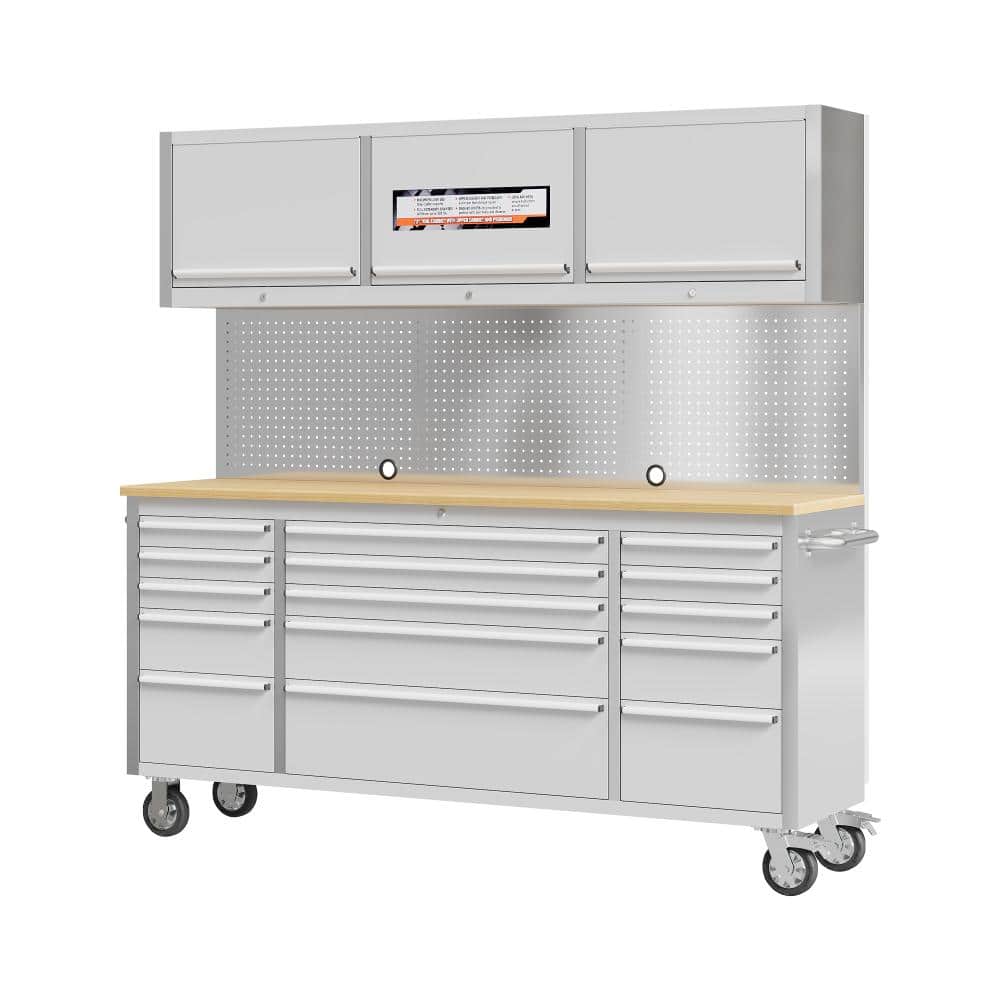 72 in. Stainless Steel Mobile Workbench Cabinet with Wheels, 15-Drawer, 3 Top Storage Cabinet, Rubber Wood Top,Lock Key price history on PriceWatchPro