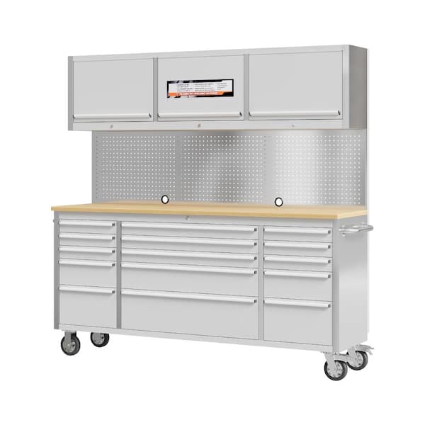 72 in. Stainless Steel Mobile Workbench Cabinet with Wheels, 15-Drawer, 3 Top Storage Cabinet, Rubber Wood Top,Lock Key